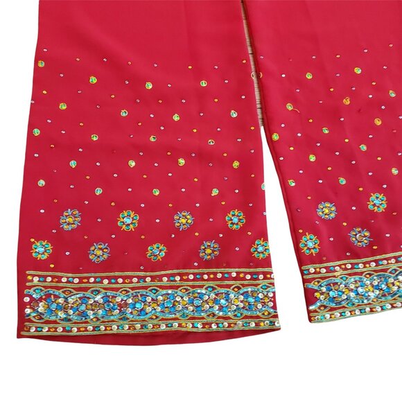Red Ethnic Indian Tunic Top & Wide-Leg Pants Set Intricate Embroidery & Beading - Picture 10 of 11